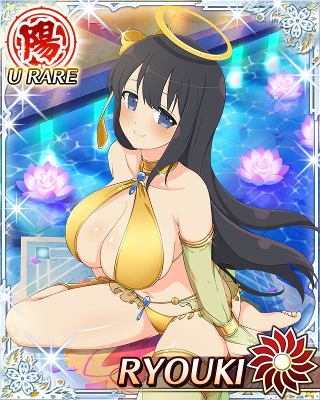 ryouki (senran kagura), senran kagura, senran kagura new wave, game cg, official art, 1girl, bikini, black hair, blue eyes, blush, border, bow, breasts, bridal gauntlets, card (medium), character name, cleavage, closed mouth, flower, gold bikini, gold bow, hair bow, halo, large breasts, long hair, looking at viewer, looking up, lotus, navel, night, pink flower, pool, see-through bridal gauntlets, see-through clothes, see-through thighhighs, single thighhigh, sitting, skindentation, smile, solo, swimsuit, thighhighs, traditional halo, very long hair, wariza