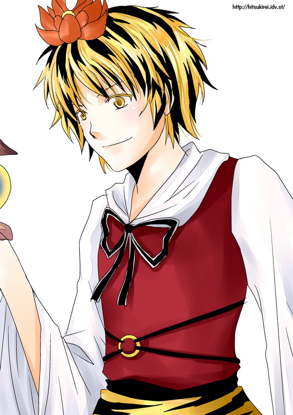 hitsuki rei, hitsukirei, toramaru shou, touhou, 1boy, animal print, bishamonten's pagoda, blonde hair, bow, genderswap, genderswap (ftm), headdress, male focus, solo, tiger print, yellow eyes