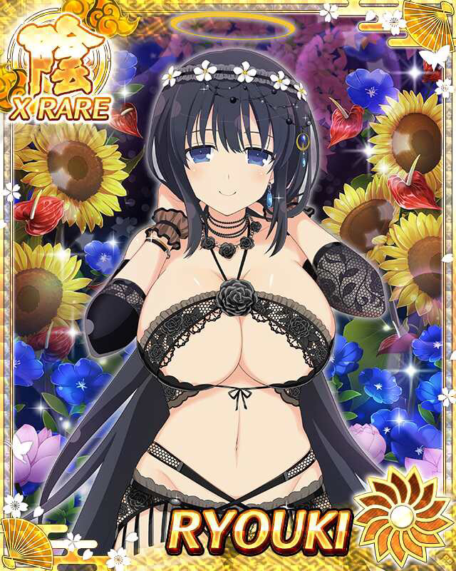 ryouki (senran kagura), senran kagura, senran kagura new wave, game cg, official art, 1girl, arms behind head, asymmetrical sleeves, bikini, black bikini, black flower, black garter belt, black hair, black hairband, black rose, blue eyes, blue flower, border, breasts, card (medium), character name, cleavage, closed mouth, detached sleeves, earrings, floral background, flower, flower necklace, flower wreath, garter belt, hairband, halo, jewelry, lace bikini, large breasts, long hair, looking at viewer, mismatched sleeves, navel, necklace, pink flower, rose, single earring, smile, solo, sunflower, swimsuit, traditional halo, underboob, very long hair
