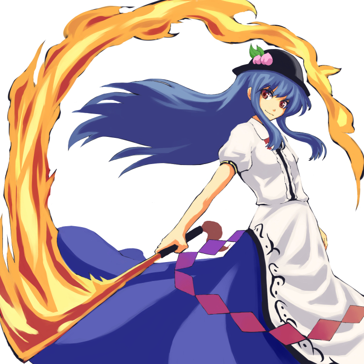 atomic-ray, hinanawi tenshi, touhou, bad id, bad pixiv id, 1girl, blue hair, female focus, food, fruit, hat, long hair, peach, red eyes, simple background, solo, standing, sword, sword of hisou, weapon, white background