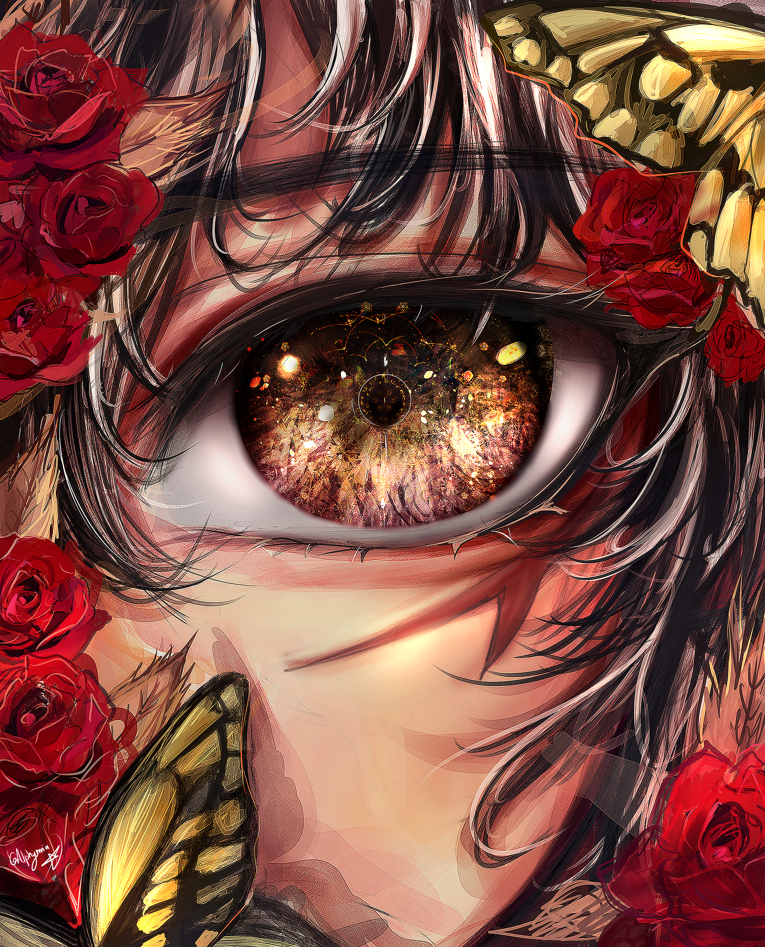 alphymia, original, absurdres, commentary request, highres, 1girl, black hair, brown eyes, bug, butterfly, close-up, eye focus, eyelashes, facial scar, flower, insect, looking at viewer, monarch butterfly, red flower, red rose, rose, scar, scar on cheek, scar on face, sparkling eyes, split crop