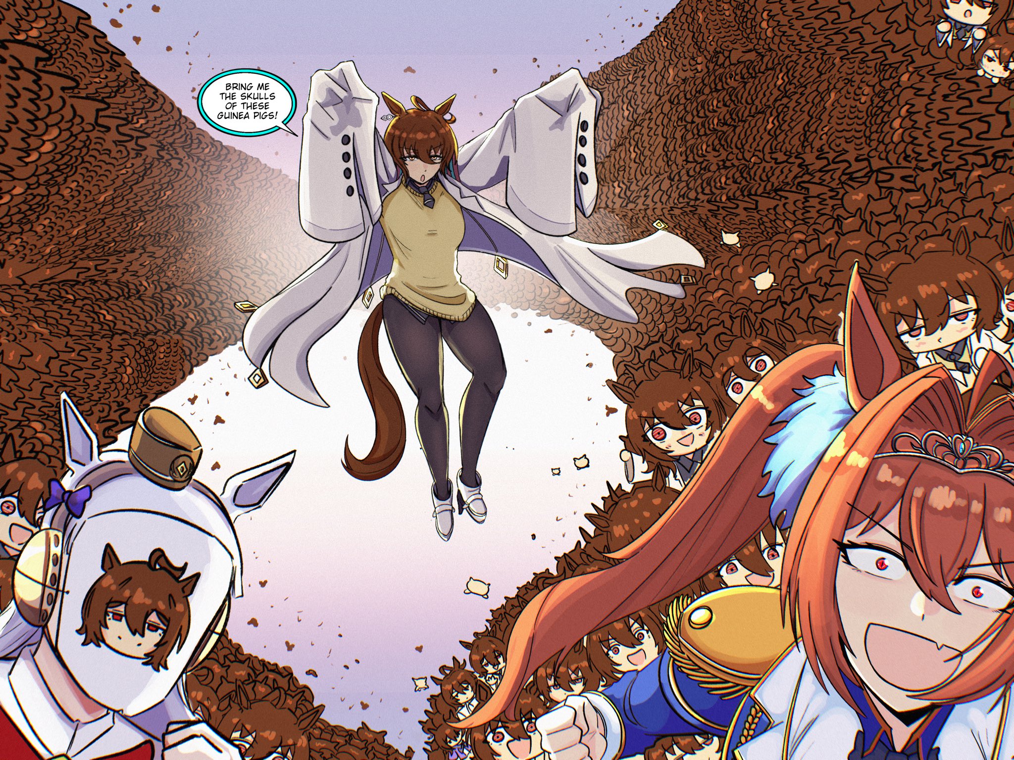 johnholl0w, agnes tachyon (tach-nology) (umamusume), agnes tachyon (umamusume), daiwa scarlet (peak blue) (umamusume), daiwa scarlet (umamusume), gold ship (red strife) (umamusume), gold ship (umamusume), invincible (series), umamusume, highres, 6+girls, ahoge, animal ears, black necktie, black pantyhose, bow, breasts, brown hair, chemical structure, coat, dress, ear bow, earrings, english text, epaulettes, fang, flying, gloves, grey hair, hair between eyes, hair intakes, hat, horse ears, horse girl, horse tail, jewelry, lab coat, long hair, long sleeves, looking at viewer, mask, medium hair, multiple girls, necktie, open mouth, pantyhose, pillbox hat, red dress, red eyes, shirt, short necktie, single earring, skin fang, sleeves past fingers, sleeves past wrists, smile, speech bubble, sweater, sweater vest, tail, tiara, twintails, very long hair, white coat, white gloves, yellow sweater, yellow sweater vest