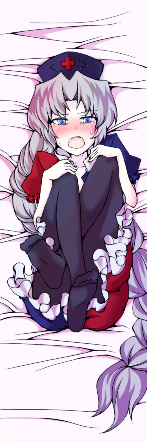 gyo, yagokoro eirin, touhou, silver hair, highres, long image, tall image, 1girl, blue eyes, blush, braid, dakimakura (medium), feet, female focus, full body, hat, legs up, long hair, lying, on back, open mouth, pantyhose, solo, tears