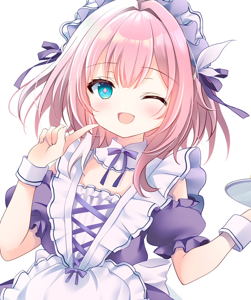 shirogane hina, cyrene (aedes elysiae) (honkai: star rail), cyrene (honkai: star rail), honkai: star rail, honkai (series), commentary request, 1girl, ;o, alternate costume, apron, blue eyes, breasts, dress, looking at viewer, maid, maid apron, maid headdress, multicolored hair, one eye closed, pink hair, purple dress, short hair, simple background, small breasts, smile, solo, two-tone hair, white apron, white background, white hair, wrist cuffs