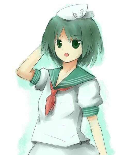 murasa minamitsu, touhou, undefined fantastic object, 1girl, female focus, ghost, green eyes, green hair, hat, matching hair/eyes, sailor, sailor hat, solo