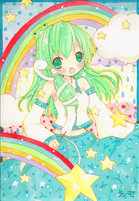 emo (artist), emo (mikan), kochiya sanae, touhou, bad id, bad pixiv id, traditional media, 1girl, blush, female focus, green eyes, green hair, long hair, navel, rainbow, signature, snake, solo, standing, star (symbol)