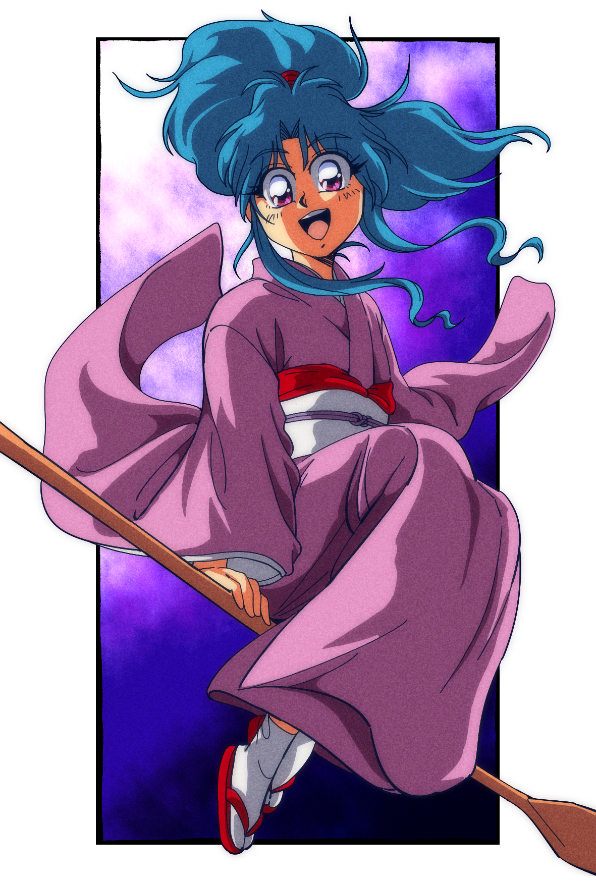 potiri02, botan (yu yu hakusho), yuu yuu hakusho, 1980s (style), commentary, highres, 1girl, aqua hair, border, full body, japanese clothes, kimono, long hair, looking at viewer, oldschool, open mouth, outside border, paddle, pink kimono, retro artstyle, sandals, socks, solo, tabi, white border, white socks, zouri