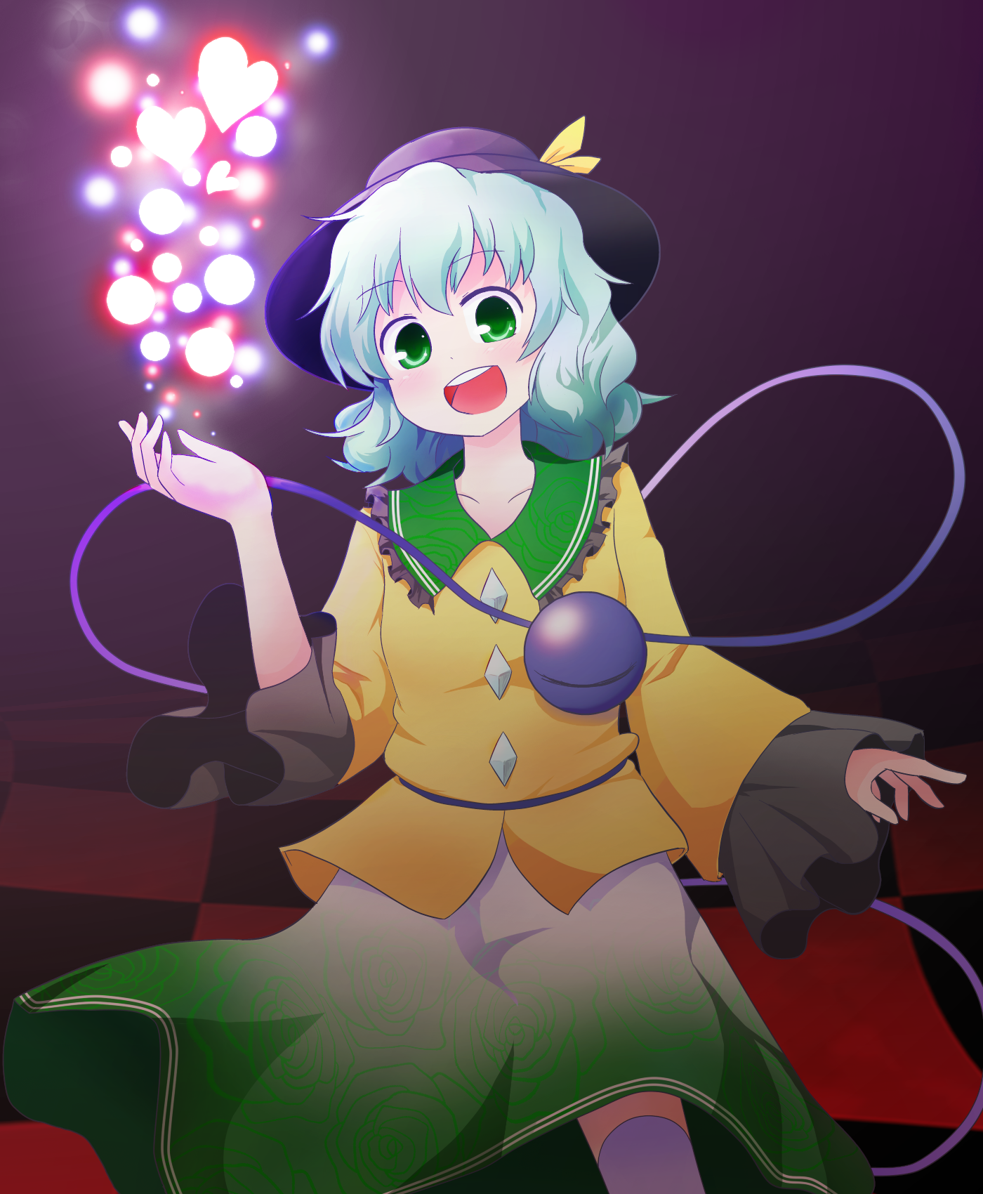 kari (karinimooreha), komeiji koishi, touhou, highres, 1girl, female focus, gradient background, green eyes, green hair, hat, heart, matching hair/eyes, short hair, skirt, solo