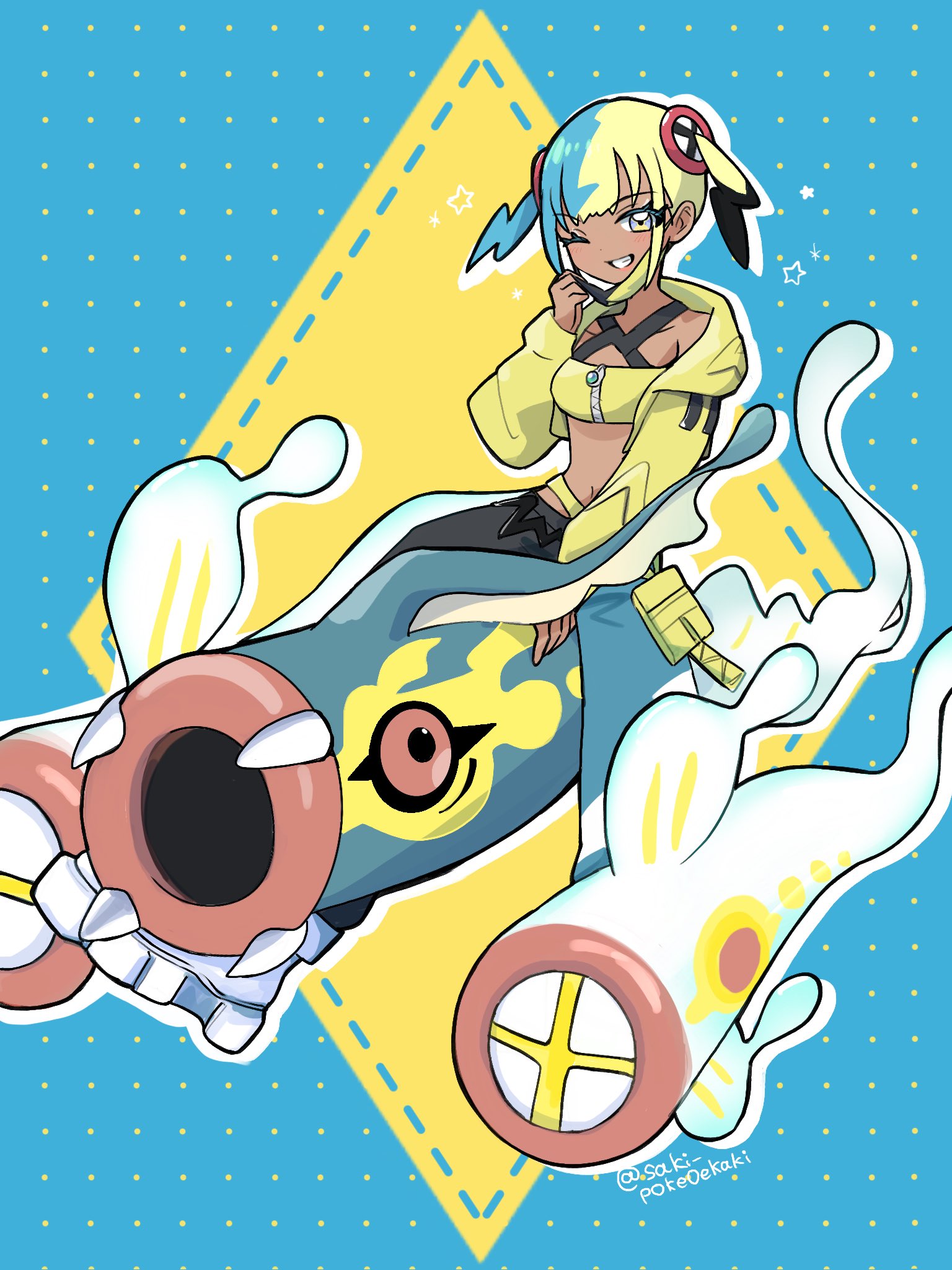 saki pokeoekaki, canari (pokemon), eelektross, mega eelektross, nintendo, pokemon, pokemon legends: z-a, commentary request, highres, 1girl, aqua hair, bandeau, black mask, blonde hair, blue eyes, blue skin, breasts, collarbone, colored sclera, colored skin, criss-cross straps, dark-skinned female, dark skin, eel, fangs, fish, gen 5 pokemon, jacket, lamprey, long sleeves, looking at viewer, mask, mask pull, mega pokemon, mega stone, mouth mask, multicolored hair, multicolored skin, navel, one eye closed, open mouth, pants, pokemon (creature), red sclera, riding, riding pokemon, short twintails, smile, split-color hair, sports bra, teeth, twintails, two-tone hair, two-tone mask, two-tone pants, two-tone skin, white skin, yellow bandeau, yellow jacket, yellow mask, yellow sports bra