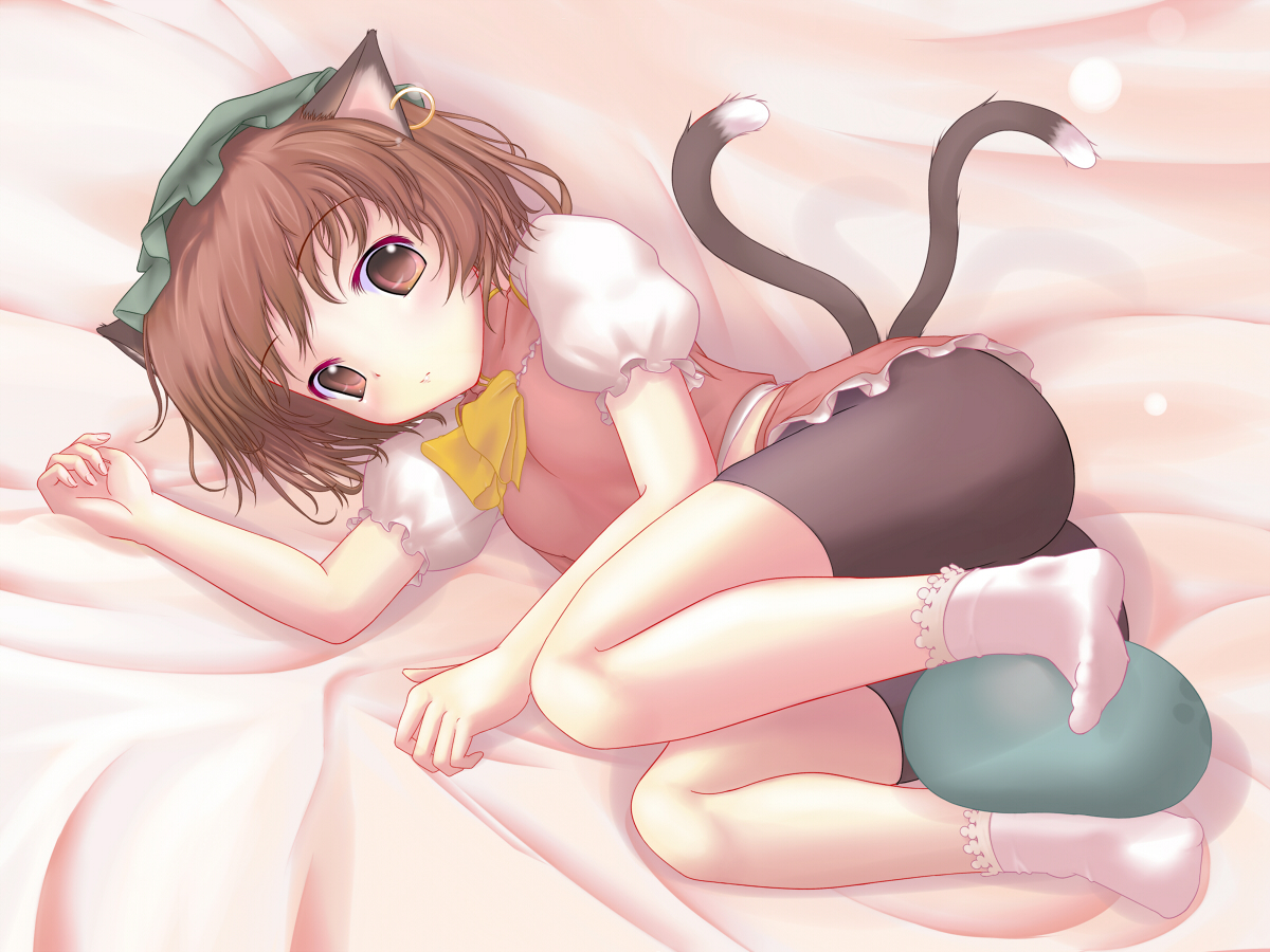 kaisu, chen, touhou, 1girl, animal ears, bike shorts, brown hair, cat ears, cat girl, cat tail, earrings, feet, female focus, hat, jewelry, lying, multiple tails, on side, short hair, single earring, socks, solo, tail