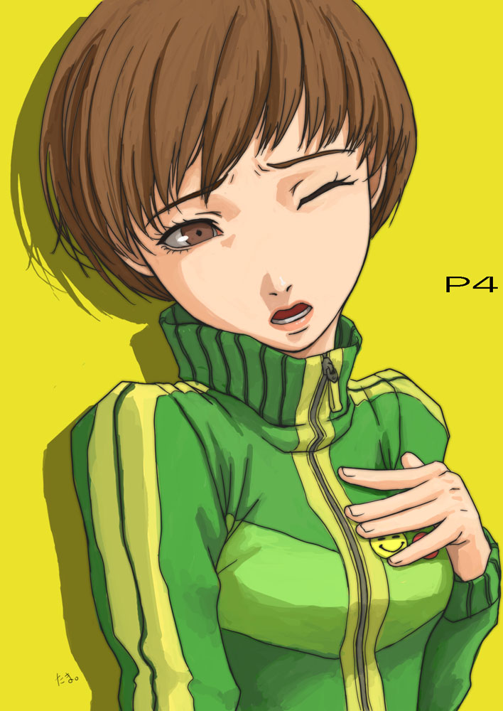 tama (pixiv69870), tama (tama sphere), satonaka chie, atlus, persona, persona 4, 1girl, artist name, brown eyes, brown hair, copyright name, female focus, hand on own chest, one eye closed, open mouth, short hair, solo
