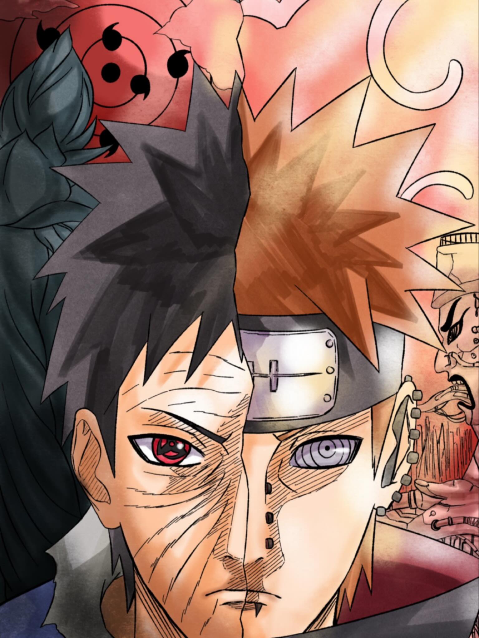 brentonsart, pain (naruto), uchiha obito, naruto (series), naruto shippuuden, commentary, english commentary, highres, 2boys, black hair, black headband, ear piercing, earrings, face piercing, facial scar, forehead protector, frown, headband, jewelry, male focus, mangekyou sharingan, multiple boys, nose piercing, orange hair, piercing, red eyes, rinne sharingan, rinnegan, scar, scar on cheek, scar on face, scar on forehead, sharingan, shinju (naruto), split screen