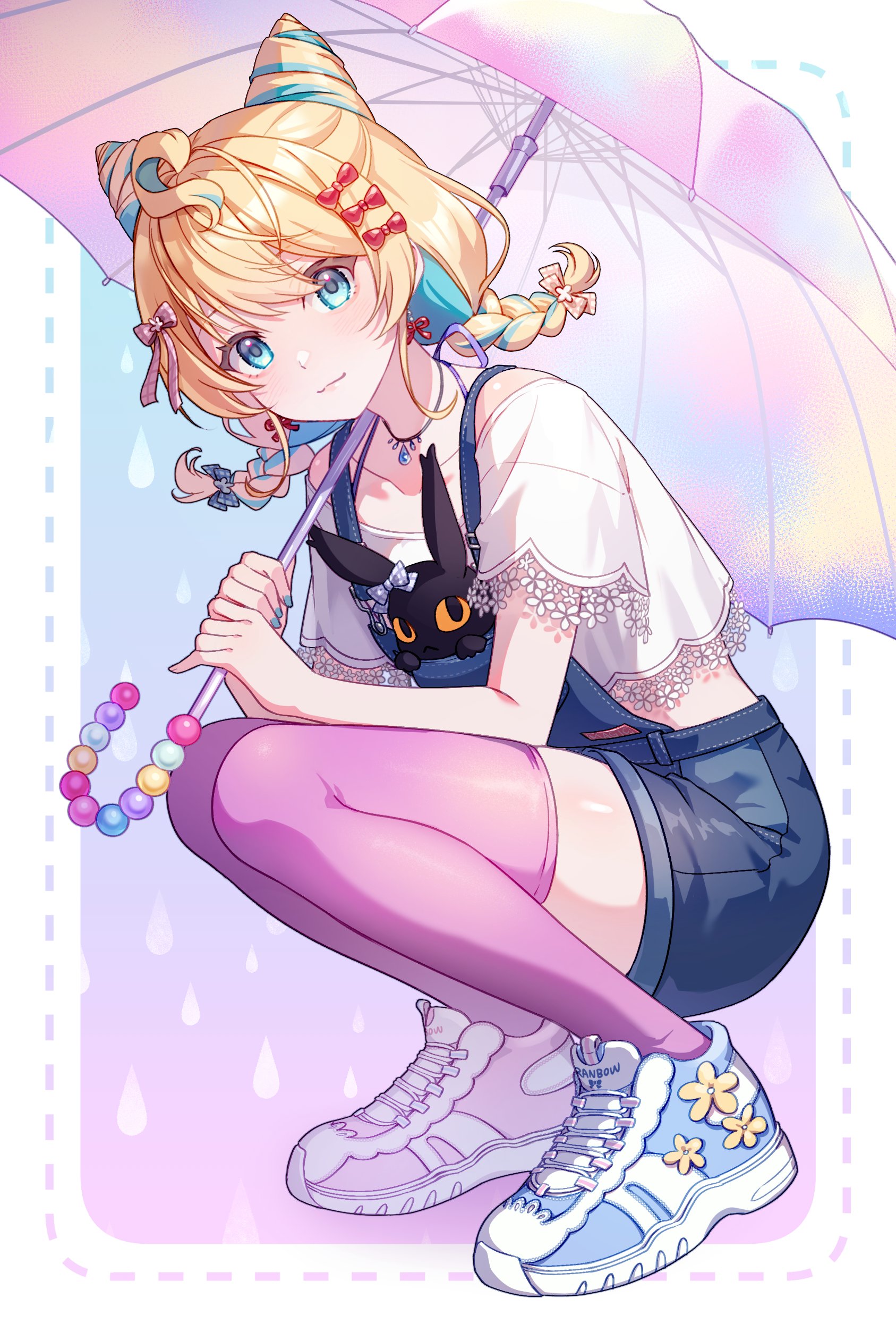 senmi (vvv 1864), lucie (millie parfait), millie parfait, nijisanji, nijisanji en, absurdres, commentary, english commentary, highres, 1girl, ahoge, aqua eyes, aqua hair, blonde hair, blue overalls, braid, cone hair bun, full body, hair bun, holding, holding umbrella, jewelry, light blush, light smile, looking at viewer, low twin braids, medium hair, midriff, millie parfait (5th costume), multicolored hair, necklace, overalls, purple thighhighs, shoes, sneakers, squatting, streaked hair, thighhighs, twin braids, umbrella, virtual youtuber