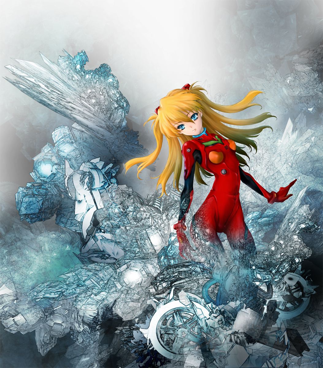 gene (pixiv), souryuu asuka langley, neon genesis evangelion, highres, 1girl, arched back, blue eyes, bodysuit, bracer, breasts, colored eyelashes, cowboy shot, expressionless, female focus, floating hair, gloves, hair ornament, long hair, mecha pilot suit, orange hair, plugsuit (evangelion), skin tight, skinny, small breasts, solo, turtleneck, twintails, two side up