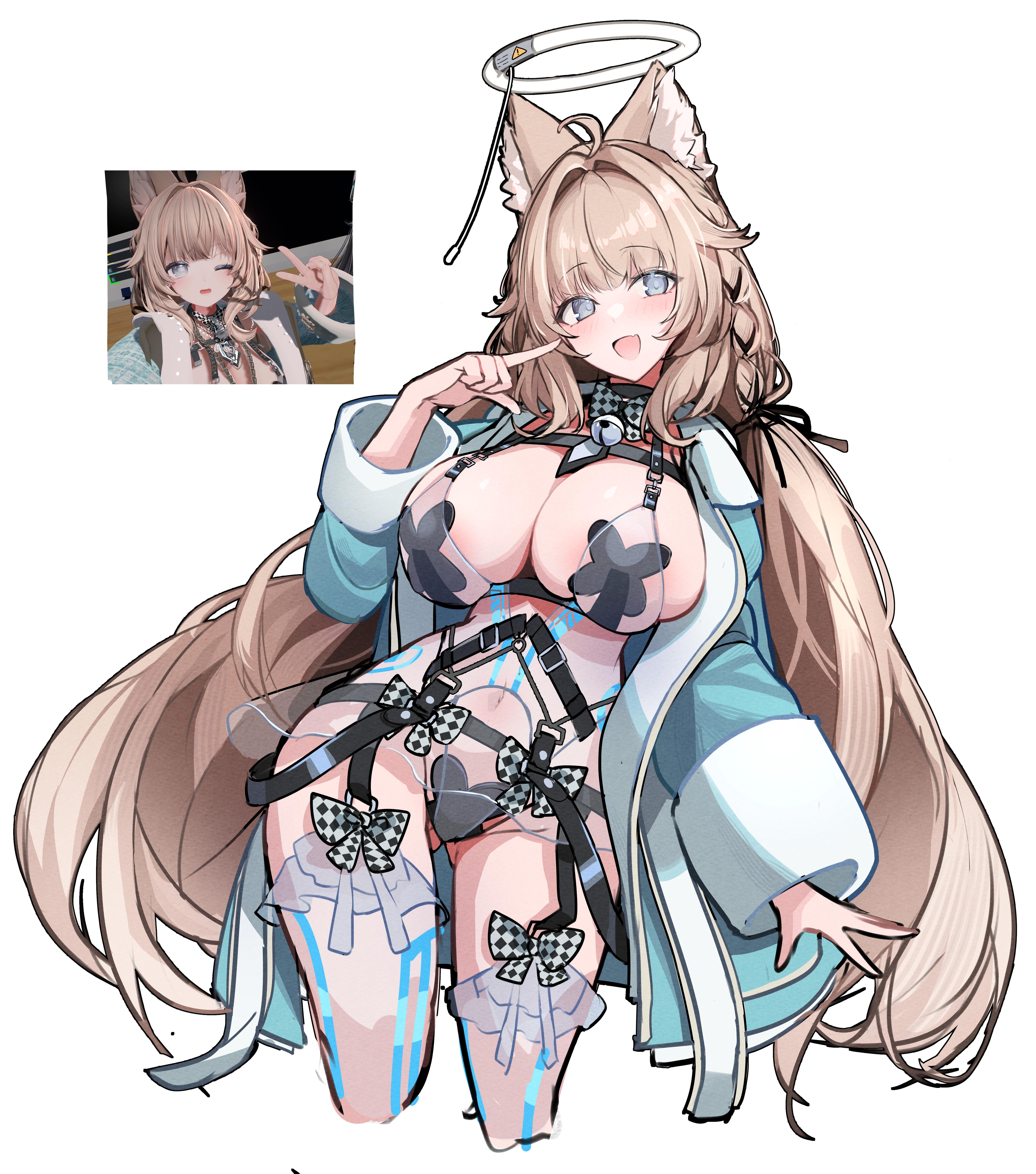 gu luco, vrchat, absurdres, commentary request, highres, 1girl, ahoge, animal ear fluff, animal ears, bell, blue eyes, blue jacket, blush, bow, bowtie, braid, breasts, brown hair, checkered bow, checkered clothes, chest harness, cleavage, cross, cross pasties, game screenshot inset, hair intakes, hair ornament, halo, hand up, harness, jacket, jingle bell, large breasts, long hair, long sleeves, looking at viewer, navel, open mouth, pasties, reference inset, revealing clothes, see-through clothes, simple background, smile, solo, standing, thighs, very long hair, white background, white halo, x hair ornament
