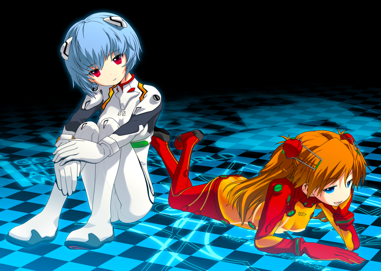 kurosu tsugutoshi, ayanami rei, souryuu asuka langley, evangelion: 2.0 you can (not) advance, neon genesis evangelion, rebuild of evangelion, 00s, 2girls, :d, ass, blue eyes, blue hair, bodysuit, bracer, breasts, butt crack, checkered floor, cleavage, clothes writing, crossed legs, english text, full body, gloves, glowing, hair ornament, hairpods, half-closed eyes, head rest, head tilt, hugging own legs, interface headset (evangelion), knees up, legs up, long hair, lying, mecha pilot suit, multiple girls, nerv, on stomach, open mouth, orange hair, outline, own hands together, pale skin, parted lips, plugsuit (evangelion), red eyes, see-through cleavage, see-through clothes, short hair, sitting, small breasts, smile, smug, test plugsuit (evangelion), turtleneck, twintails, two side up