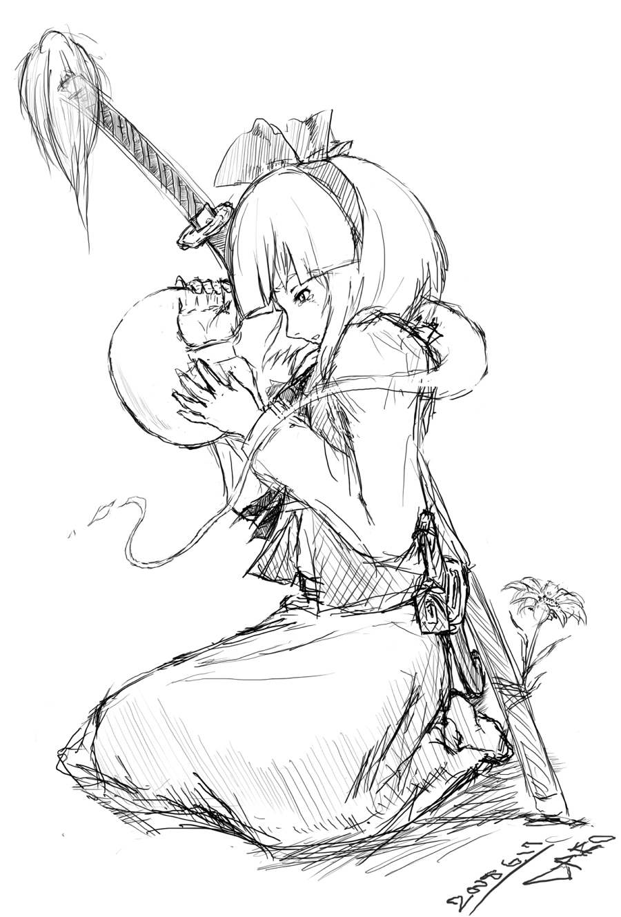 daro, konpaku youmu, konpaku youmu (ghost), touhou, highres, 1girl, female focus, greyscale, hitodama, monochrome, sketch, solo