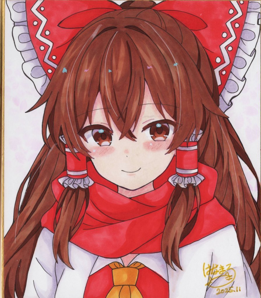 hakurei reimu, touhou, commentary request, photo (medium), traditional media, 1girl, blush, bow, brown eyes, brown hair, closed mouth, crossed bangs, dated, frilled bow, frilled hair tubes, frills, hair intakes, hair tubes, hoshi tea party, jacket, long hair, looking at another, neckerchief, red bow, red scarf, red shirt, scarf, shirt, signature, smile, solo, white jacket, yellow neckerchief