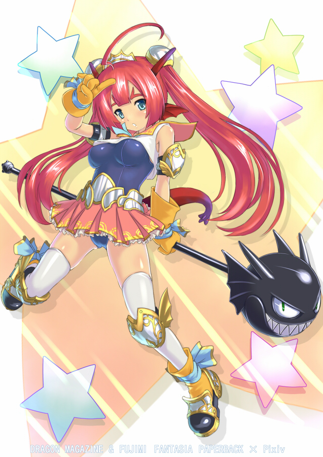 robi, bad id, bad pixiv id, 1girl, breasts, female focus, full body, gloves, mace, magical girl, one-piece swimsuit, red hair, school swimsuit, skirt, solo, star (symbol), swimsuit, swimsuit costume, swimsuit under clothes, thighhighs, twintails, weapon