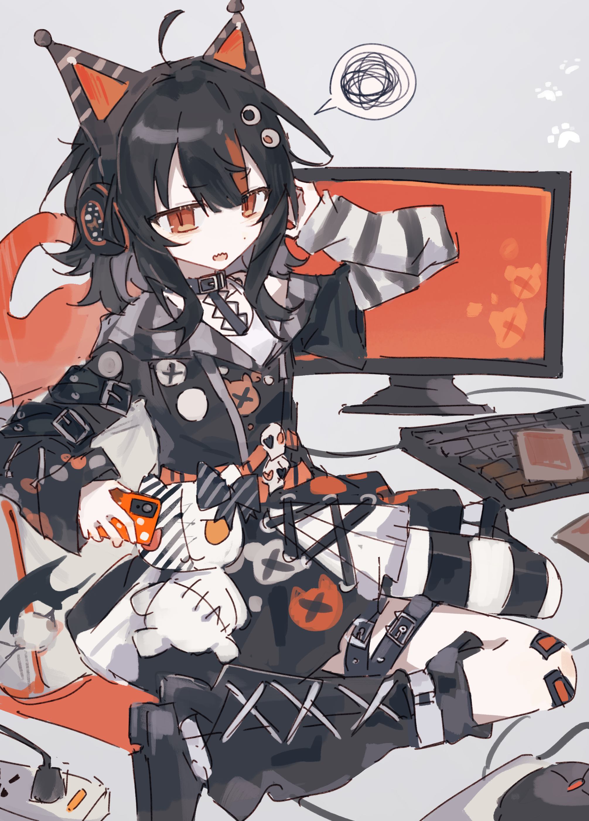 wusem0108, sawatari coco, mahou shoujo no majo saiban, absurdres, commentary, highres, 1girl, ahoge, animal ear headphones, animal ears, belt, black belt, black hair, black shoes, black sweater, cat ear headphones, cat ears, computer keyboard, computer mouse, electric plug, fake animal ears, full body, grey background, headphones, holding, holding phone, leg warmers, long sleeves, looking at viewer, monitor, multicolored hair, open mouth, orange eyes, phone, shoes, sitting, solo, spoken squiggle, squiggle, streaked hair, stuffed animal, stuffed cat, stuffed toy, sweater