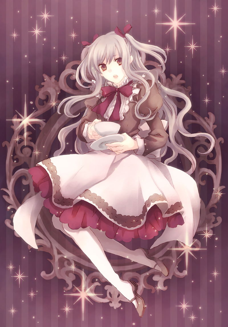 maco (munya), original, 1girl, brown eyes, cup, dress, female focus, full body, hair ribbon, long hair, mary janes, pantyhose, purple hair, ribbon, shoes, solo, very long hair