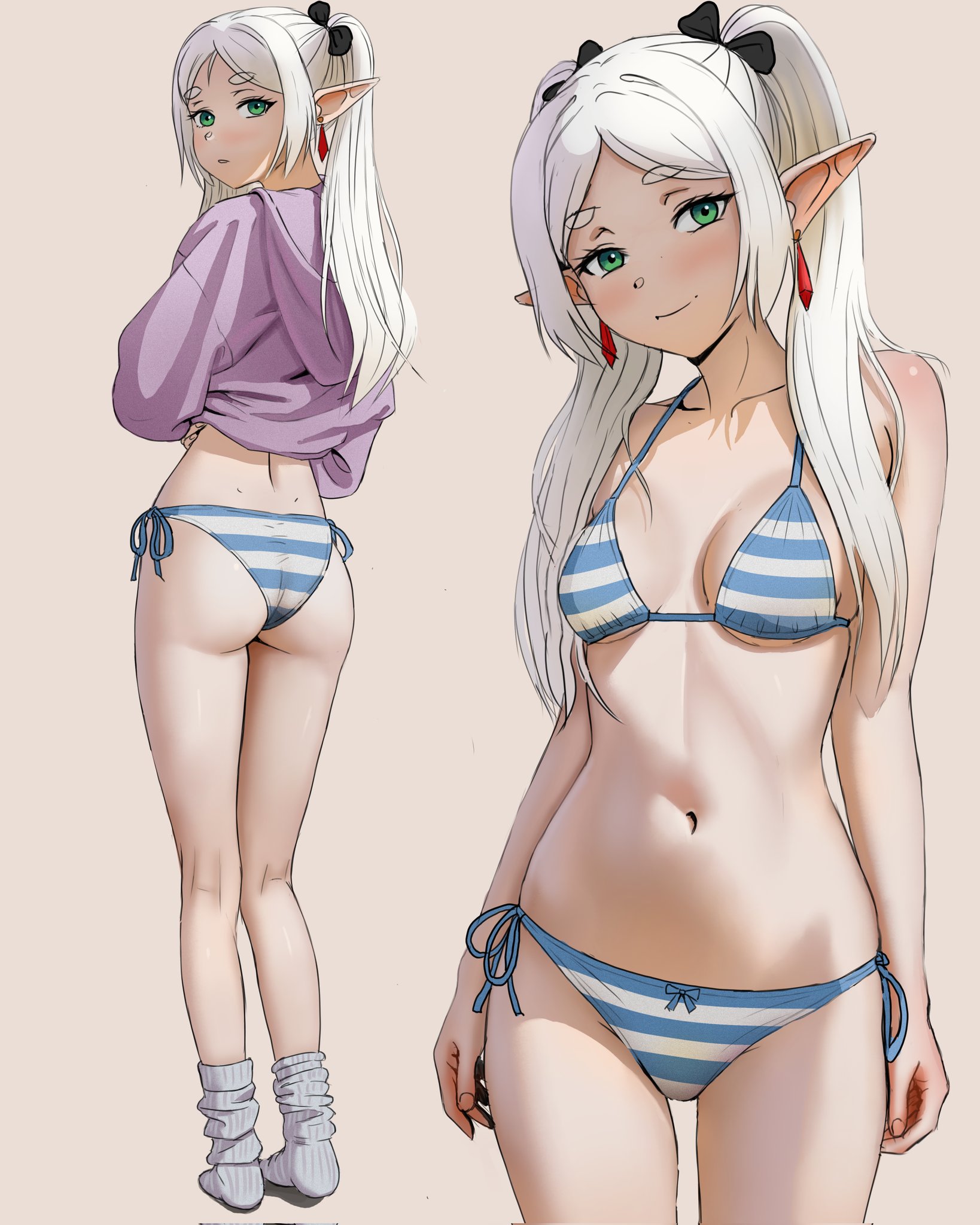 josival, frieren, sousou no frieren, commentary, english commentary, highres, 1girl, ass, bikini, black bow, blue bikini, blush, bow, breasts, closed mouth, collarbone, cowboy shot, earrings, elf, from behind, full body, gradient background, green eyes, grey background, hair bow, halterneck, hood, hoodie, jewelry, long hair, long sleeves, looking at viewer, looking back, loose socks, medium breasts, multiple views, navel, no shoes, parted bangs, pointy ears, purple hoodie, side-tie bikini bottom, smile, socks, standing, string bikini, swimsuit, twintails, white bikini, white hair