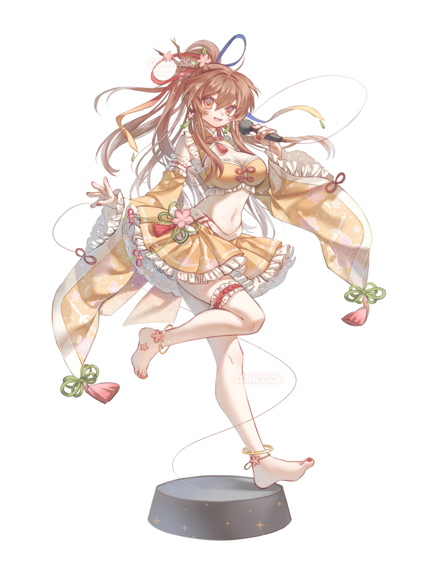 80isiiii, satsuki rin, touhou, commentary, commission, highres, 1girl, :d, barefoot, blue ribbon, breasts, brown eyes, brown hair, cleavage, cleavage cutout, clothing cutout, crop top, detached sleeves, flower, frilled skirt, frilled thigh strap, frills, full body, hair between eyes, hair flower, hair ornament, hair ribbon, holding, holding microphone, long hair, long sleeves, looking at viewer, medium breasts, microphone, nail polish, navel, open mouth, pink flower, ponytail, red ribbon, ribbon, shirt, simple background, skirt, sleeveless, sleeveless shirt, smile, solo, standing, standing on one leg, stomach, thigh strap, toenail polish, toenails, watermark, white background, wide sleeves, yellow skirt, yellow sleeves