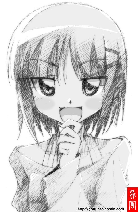 gofu, aizawa sakuya, hayate no gotoku!, traditional media, 00s, 1girl, female focus, greyscale, hair ornament, hairclip, monochrome, sketch, solo, spot color, white background