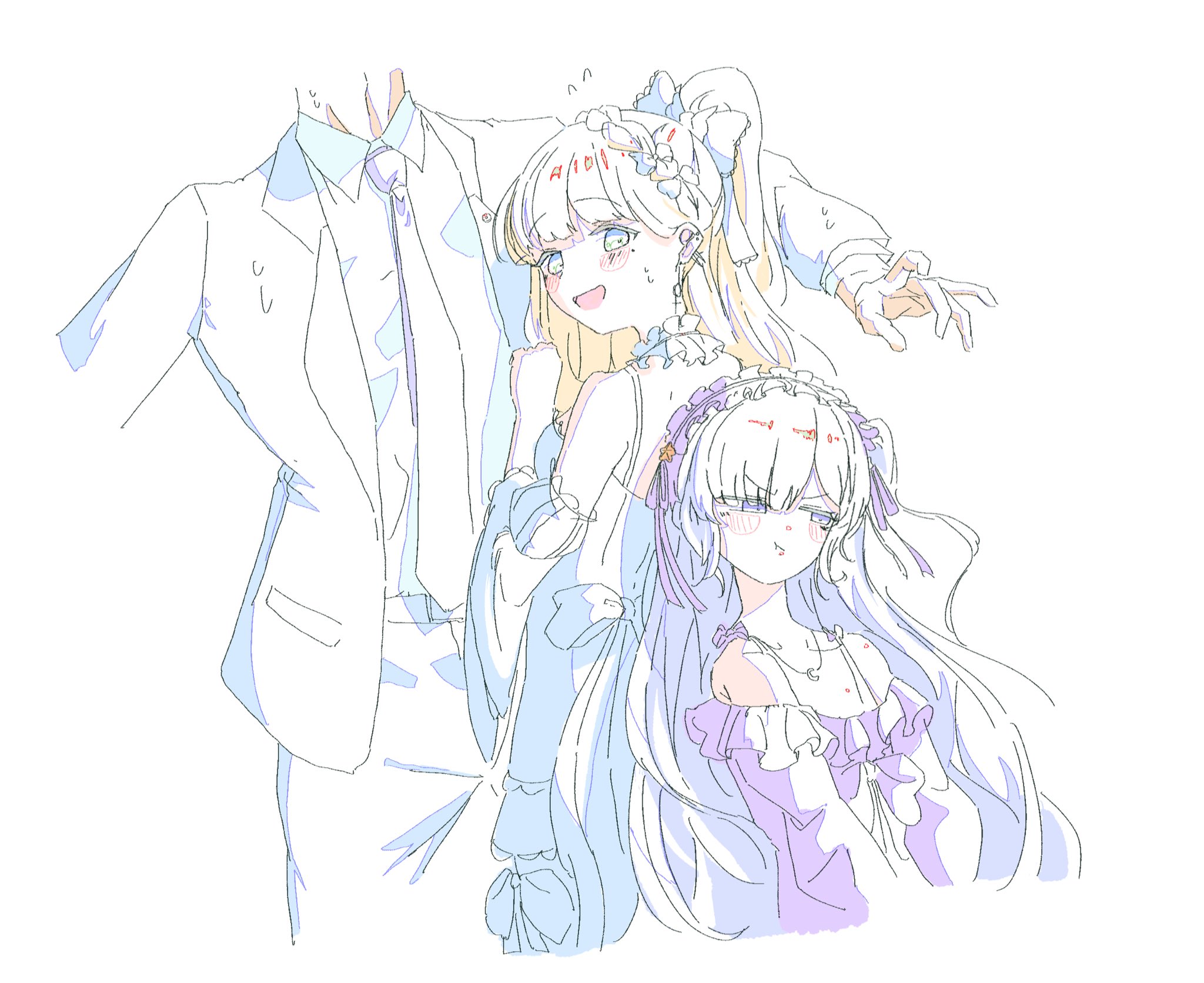 tsujiya okuyasu, natsume an-an, saeki miria, mahou shoujo no majo saiban, highres, 1boy, 2girls, back-to-back, bare shoulders, blonde hair, blue eyes, color trace, cowboy shot, dress, flying sweatdrops, formal clothes, hairband, head out of frame, height difference, jacket, lolita hairband, long hair, long sleeves, looking at another, looking at viewer, looking back, multiple girls, necktie, nervous smile, open mouth, pants, pout, simple background, smile, standing, suit, sweatdrop, white background