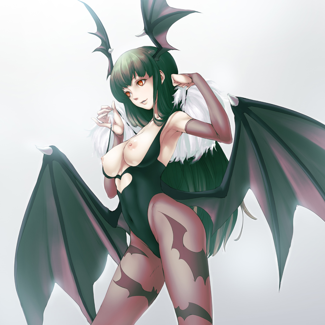 f-cla, morrigan aensland, capcom, darkstalkers, bad id, bad pixiv id, 1girl, animal print, bat print, bat wings, breasts, bridal gauntlets, demon girl, female focus, head wings, large breasts, long hair, pantyhose, print pantyhose, solo, very long hair, wings