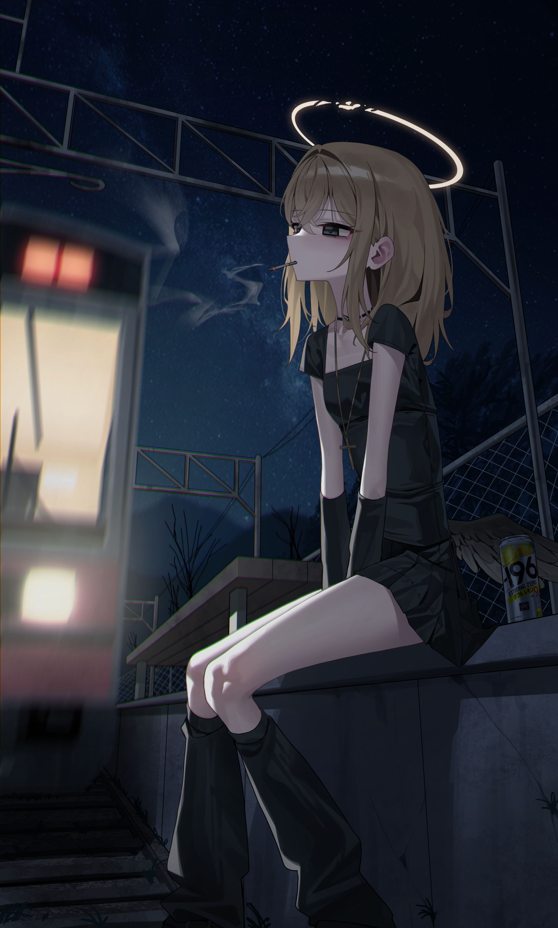 mansu (mansu113355), original, strong zero, absurdres, commentary request, highres, 1girl, ashal (mansu), black eyes, black leg warmers, black shirt, brown hair, fence, hair between eyes, halo, imminent death, leg warmers, medium hair, night, outdoors, shirt, short sleeves, smoke, smoking, solo, suicide, thighhighs, train, train station