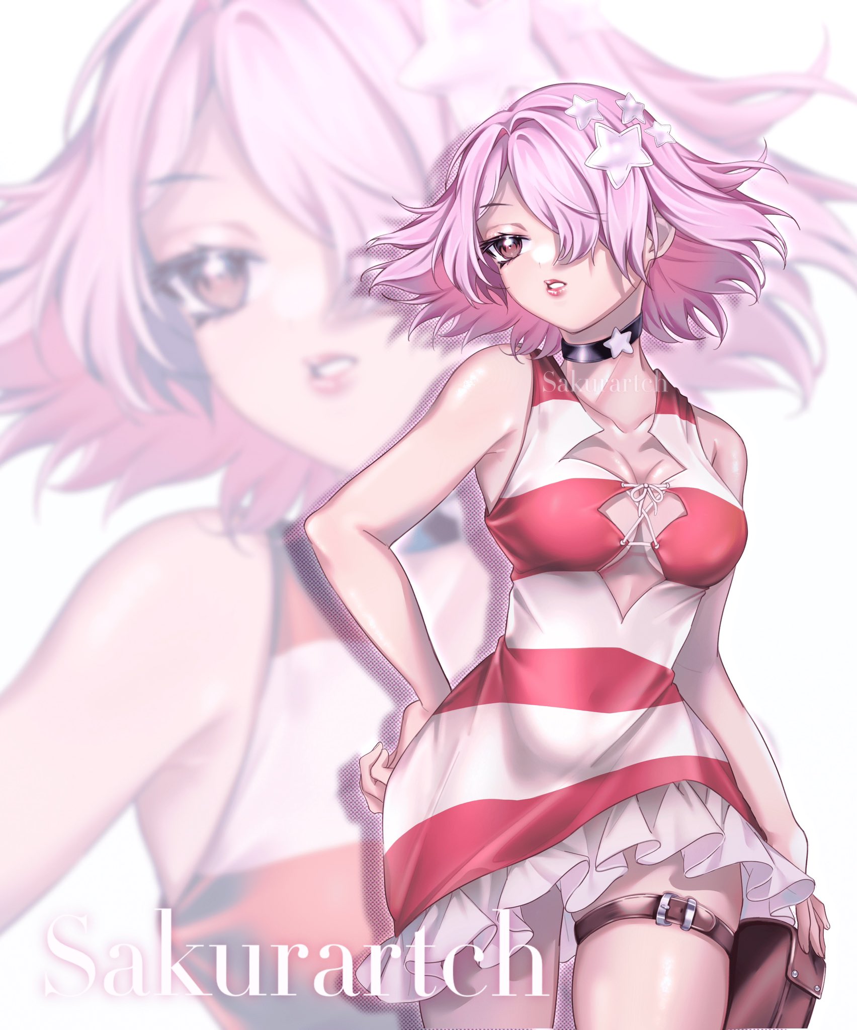 luna wright, dr. stone, commentary, english commentary, highres, 1girl, artist name, bag, bare arms, black choker, blurry, blurry background, bow, breasts, brown eyes, character name, choker, cleavage, collarbone, curly hair, dress, flower, hair flower, hair ornament, hair over one eye, hand on own hip, holding, holding bag, lips, lipstick, makeup, medium breasts, parted lips, pink hair, pink lips, sakurartch, short dress, short hair, simple background, sleeveless, solo, star (symbol), star choker, striped clothes, striped dress, thigh strap, twitter username, zoom layer