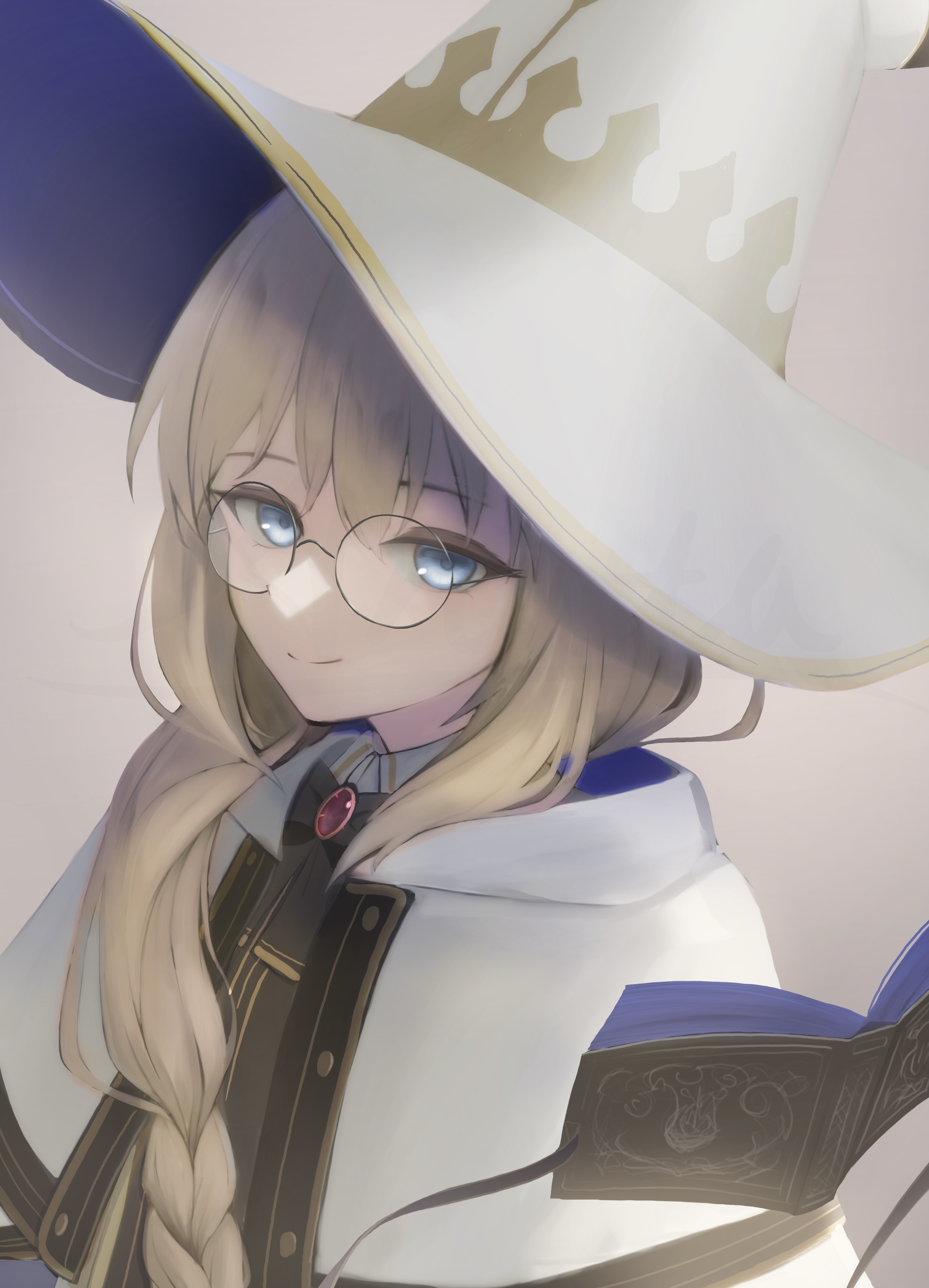 anata6350, aesc (fate), aesc (rain witch) (fate), fate/grand order, fate (series), absurdres, commentary request, highres, 1girl, black dress, blonde hair, blue eyes, book, bow, bowtie, braid, brooch, cloak, dress, glasses, gold trim, hat, jewelry, long hair, long sleeves, looking at viewer, round eyewear, side ponytail, smile, solo, two-tone dress, white cloak, white dress, white hat, wide sleeves, witch hat