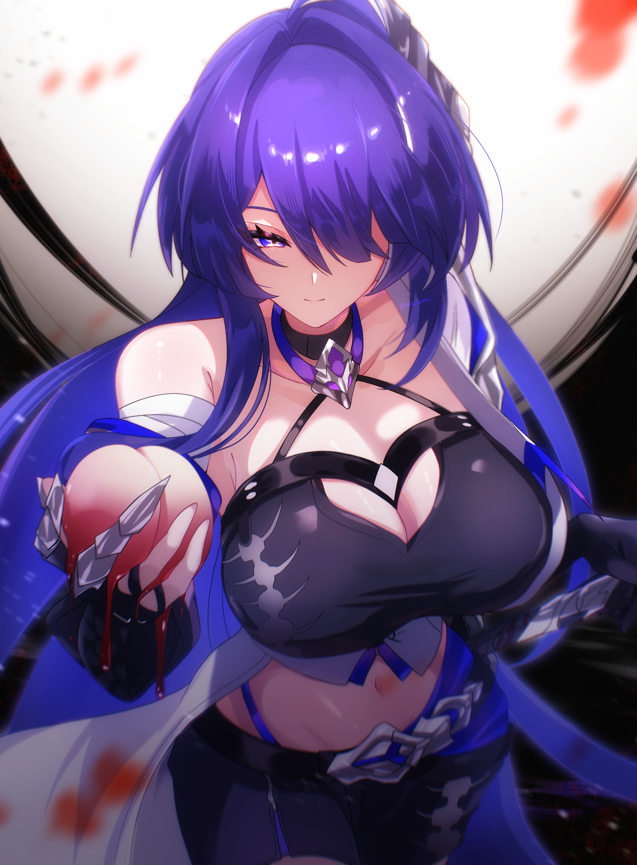 acheron (honkai: star rail), honkai: star rail, honkai (series), absurdres, commentary request, highres, 00 samei, 1girl, bandaged arm, bandages, bare shoulders, black background, black gloves, black shorts, blood, blood drip, blood stain, blurry, breasts, cleavage, closed mouth, collarbone, crop top, depth of field, food, fruit, gloves, hair intakes, hair over one eye, holding, holding food, holding fruit, large breasts, light particles, long hair, looking at viewer, midriff, navel, partially fingerless gloves, peach, purple eyes, purple hair, short shorts, shorts, single bare shoulder, smile, solo, standing, sword, thighs, very long hair, weapon, white background