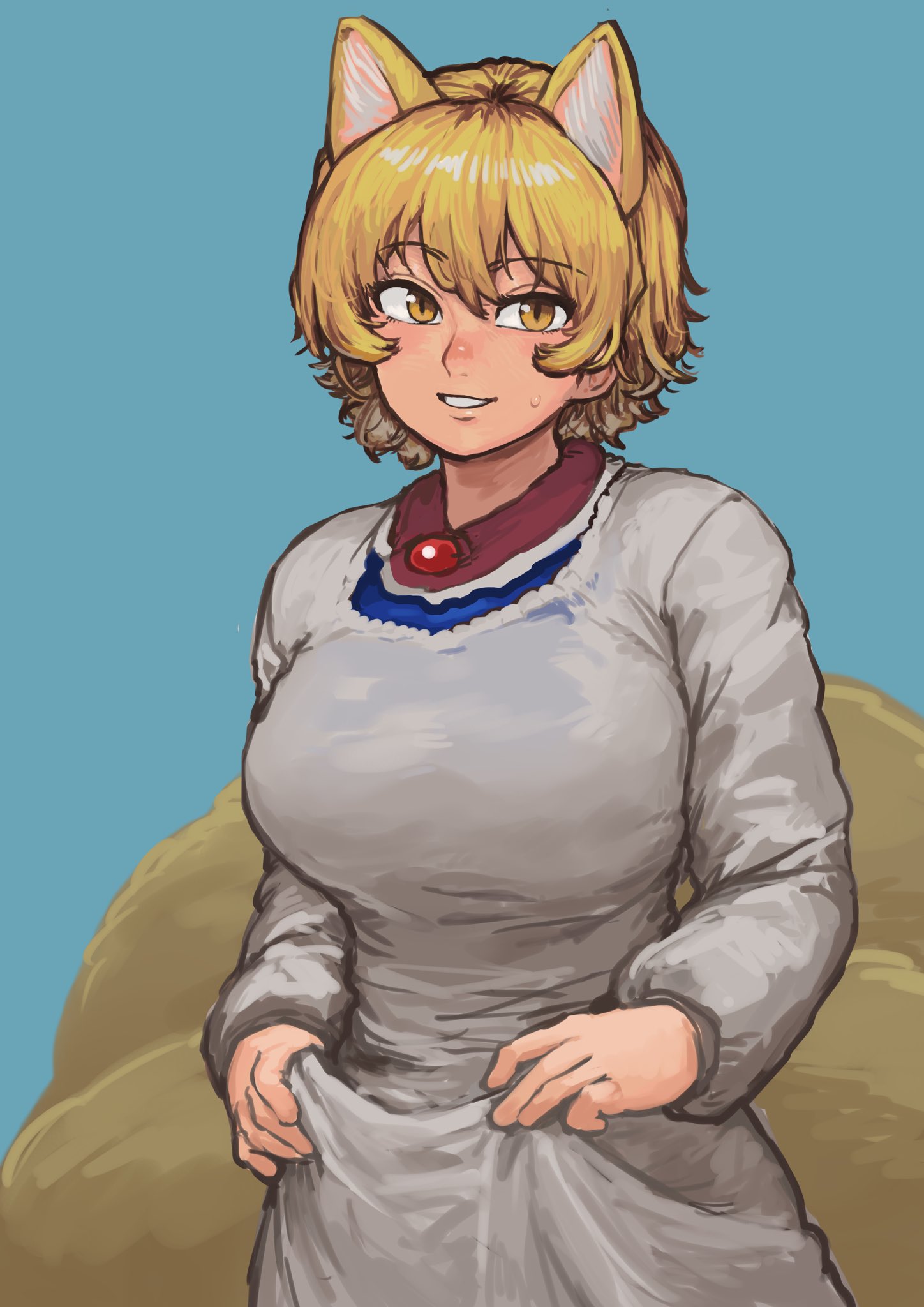 chanta (ayatakaoisii), yakumo ran, touhou, highres, 1girl, animal ears, blonde hair, blue background, breasts, dress, fox ears, fox tail, grin, large breasts, long sleeves, looking at viewer, no headwear, short hair, simple background, skirt hold, smile, solo, tail, upper body, white dress, yellow eyes