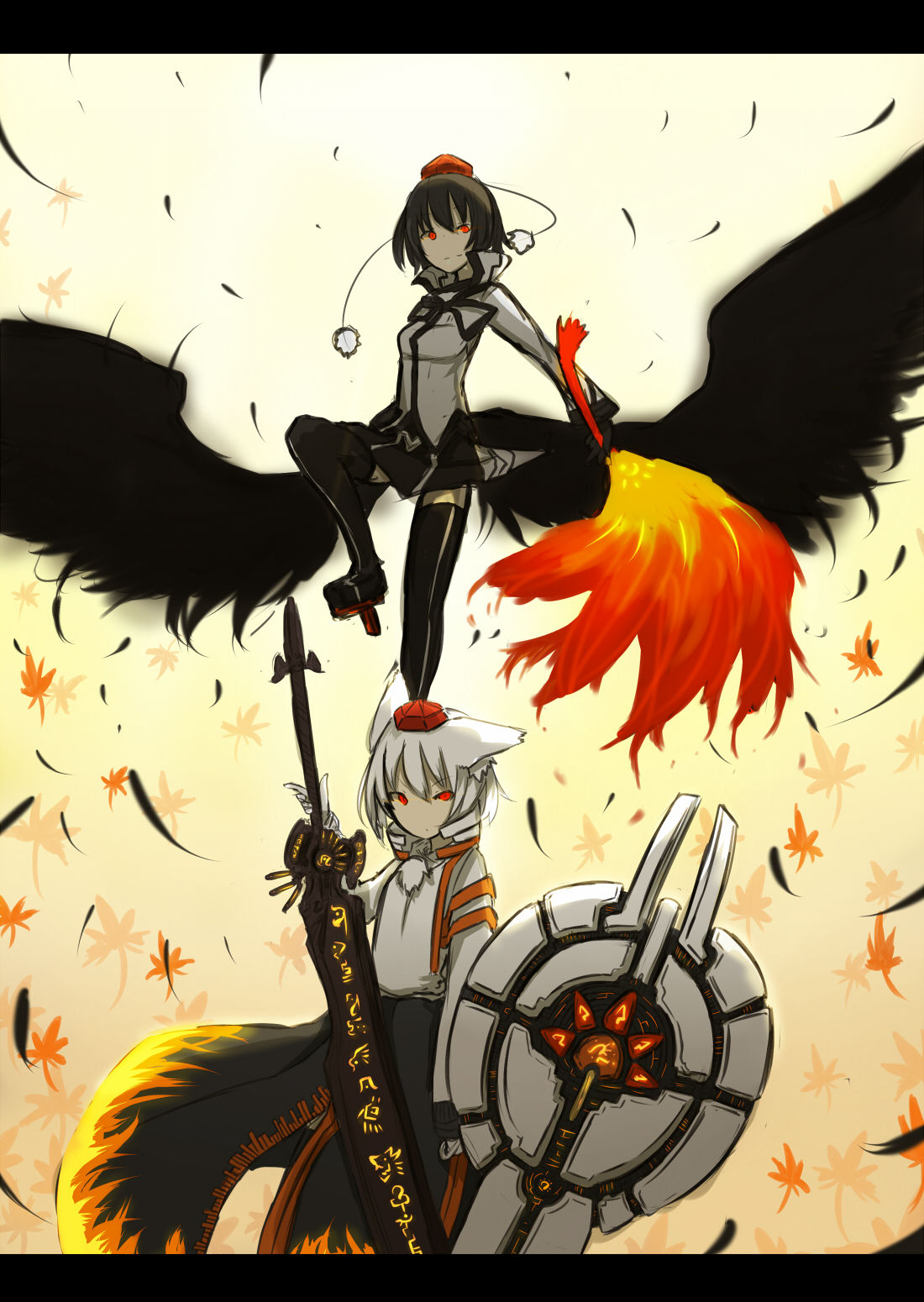 ganesagi, inubashiri momiji, shameimaru aya, touhou, silver hair, bad id, bad pixiv id, highres, 2girls, alternate costume, alternate weapon, black hair, black thighhighs, black wings, feathers, female focus, geta, glowing, glowing eyes, hand fan, hat, leaf, letterboxed, low wings, multiple girls, no nose, oversized wings, red eyes, shield, short hair, sword, tengu-geta, thighhighs, tokin hat, weapon, wings