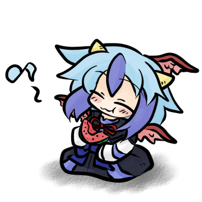 yanagi (nurikoboshi), tokiko (touhou), curiosities of lotus asia, touhou, lowres, 1girl, :3, :t, ^ ^, blue hair, blush, chibi, closed eyes, eating, female focus, food, fruit, head wings, horns, multicolored hair, musical note, solo, watermelon, wings