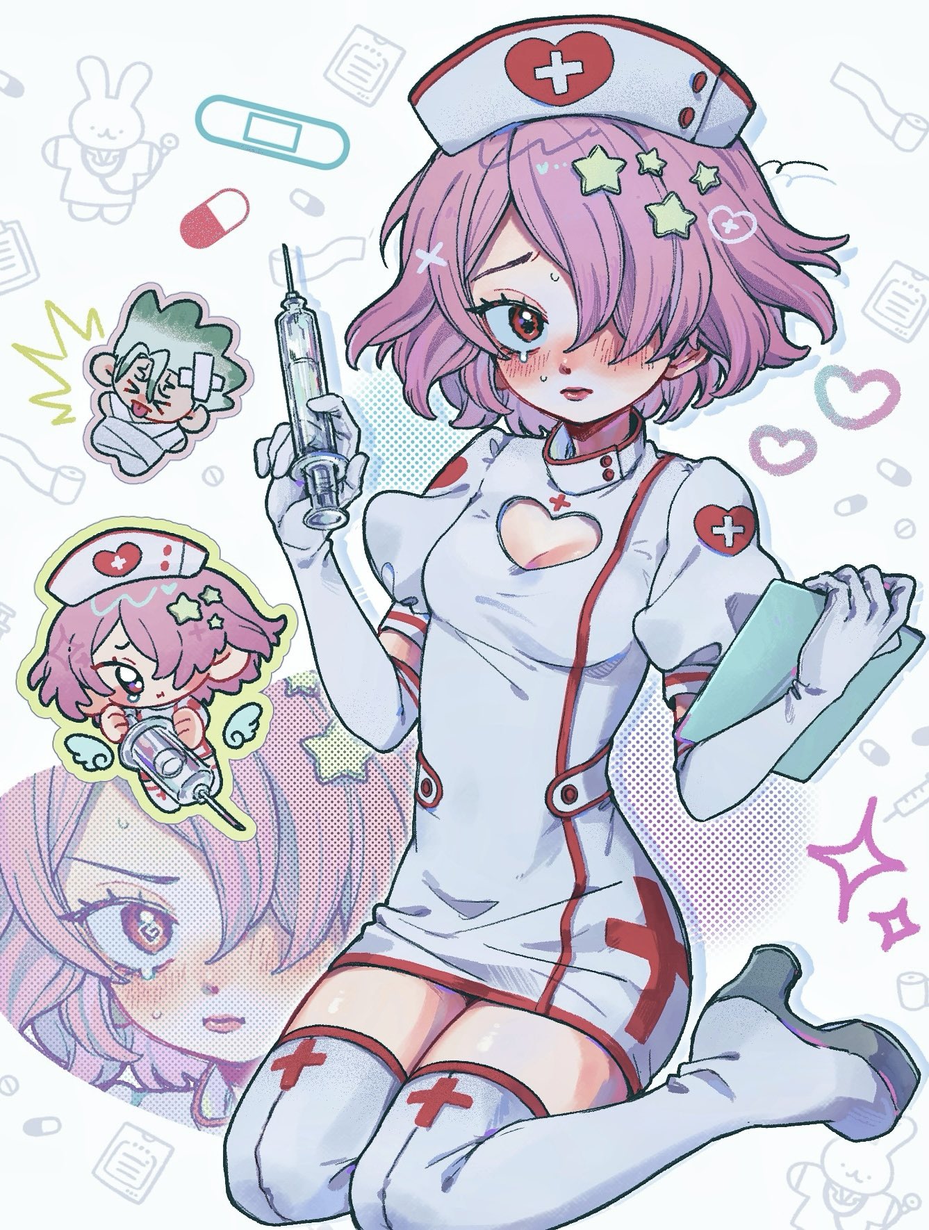 ishigami senkuu, luna wright, dr. stone, commentary, highres, symbol-only commentary, 1boy, 1girl, bandages, bandaid, blush, boots, breasts, chibi, chibi inset, cleavage, cleavage cutout, clipboard, clothing cutout, cross, crying, dress, elbow gloves, full body, gloves, green hair, hair ornament, hair over one eye, hat, heart, heart cutout, heart print, high heel boots, high heels, holding, holding clipboard, holding syringe, looking at viewer, multiple views, nurse, nurse cap, one eye covered, open mouth, pencil dress, pill, pink hair, puffy short sleeves, puffy sleeves, red cross, red eyes, short dress, short hair, short sleeves, sitting, small breasts, star (symbol), star hair ornament, stethoscope, syringe, tears, thermometer, thigh boots, thighhighs, wariza, white background, white dress, white gloves, white thighhighs, wings, x (symbol), yonu jelly, zettai ryouiki