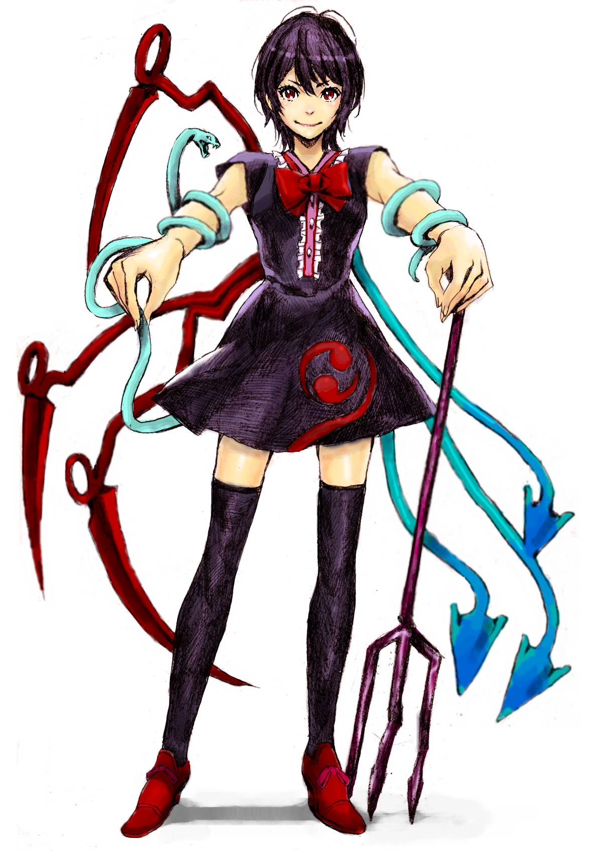 nobita (makoto7060355), houjuu nue, touhou, bad id, bad pixiv id, highres, 1girl, black hair, dress, female focus, full body, legs, red eyes, ribbon, short hair, skirt, smile, snake, solo, thighhighs, white background, wings