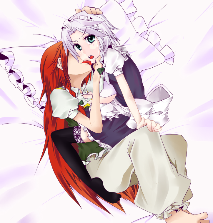 katakura nayuuki, hong meiling, izayoi sakuya, embodiment of scarlet devil, touhou, bad id, bad pixiv id, 2girls, barefoot, bed, black thighhighs, blue eyes, female focus, licking, multiple girls, pillow, red hair, ribbon, tears, thighhighs, tongue, yuri