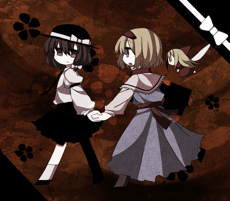 marisu, alice margatroid, shanghai doll, usami renko, ghostly field club, touhou, bad id, bad pixiv id, 2girls, blonde hair, female focus, hairband, hat, multiple girls, short hair