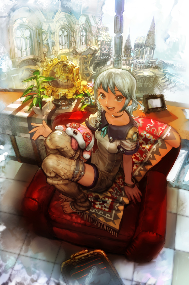 taiki (luster), original, bad id, bad pixiv id, 1boy, 1girl, braid, female focus, grey hair, outdoors, sitting, solo, thighhighs