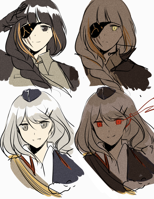 silence girl, m16a1 (girls' frontline), svd (girls' frontline), girls' frontline, commentary, 2girls, black gloves, eye mask, gloves, long hair, mask, mole, mole under eye, multicolored hair, multiple girls, open mouth, red eyes, smile, white background, white hair