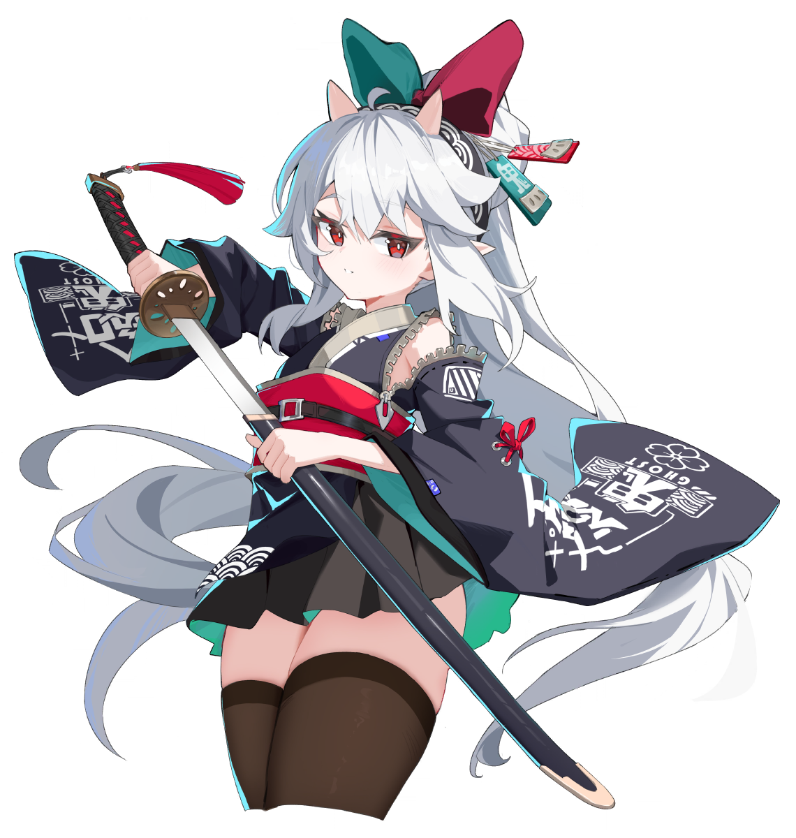 ryugazaki misaki, astral party, commentary, highres, non-web source, 1girl, holding, holding weapon, horns, katana, long hair, oni, pleated skirt, pointy ears, ponytail, red eyes, skirt, sword, thighhighs, very long hair, weapon, white hair