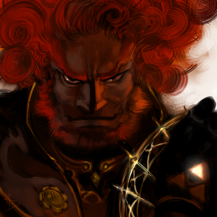redhorn, ganondorf, nintendo, the legend of zelda, the legend of zelda: twilight princess, bad id, bad pixiv id, 1boy, afro, alternate hairstyle, armor, beard, dark-skinned male, dark skin, evil grin, evil smile, facial hair, gloves, grin, male focus, red hair, smile, solo, triforce