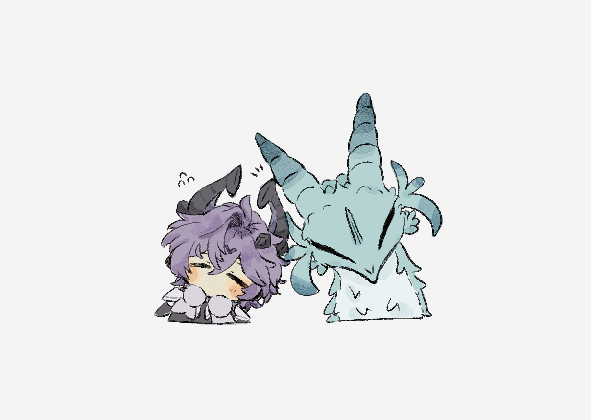 dvalin (genshin impact), mini durin (genshin impact), mini durin (human) (genshin impact), genshin impact, commentary request, 1boy, blush stickers, boilmame, chibi, chibi only, closed eyes, dragon, dragon boy, dragon horns, flying sweatdrops, heads together, horns, male focus, purple hair, simple background, white background