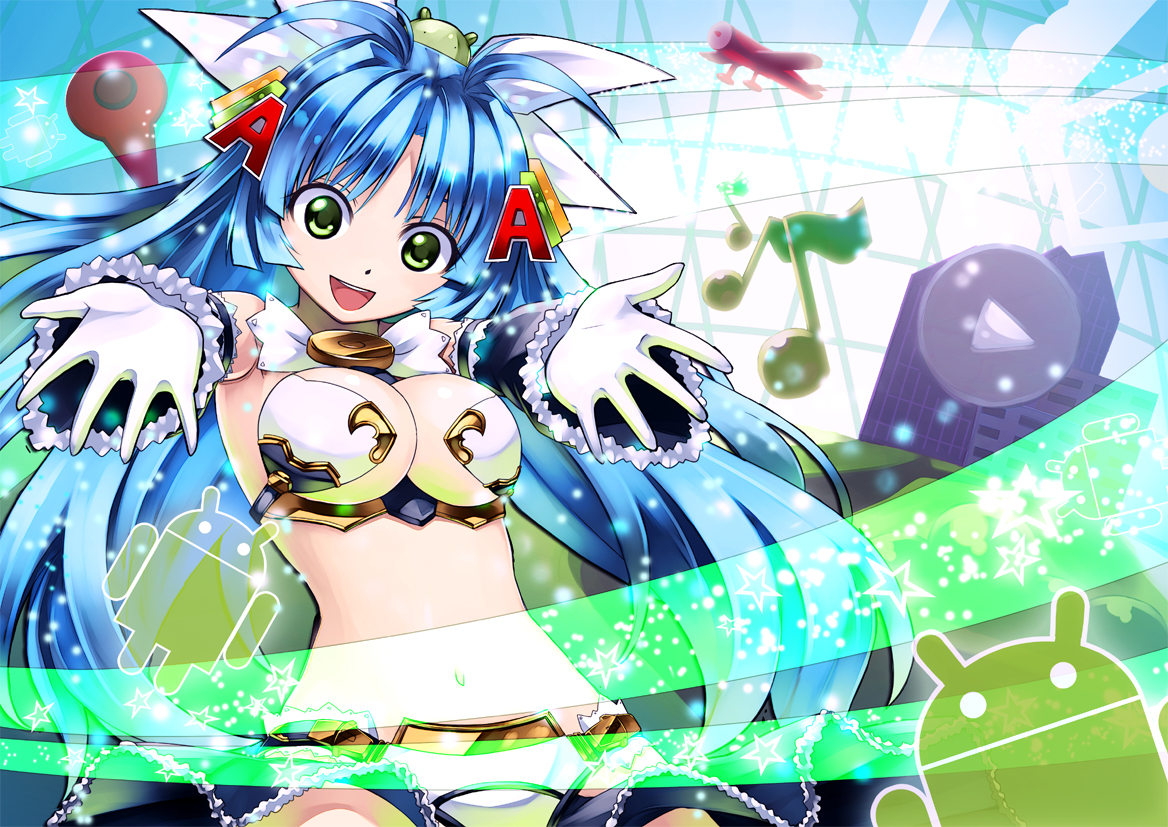 fourteen, android (os), os-tan, revision, 1girl, armor, bikini armor, blue hair, female focus, gloves, green eyes, solo, twintails, white gloves