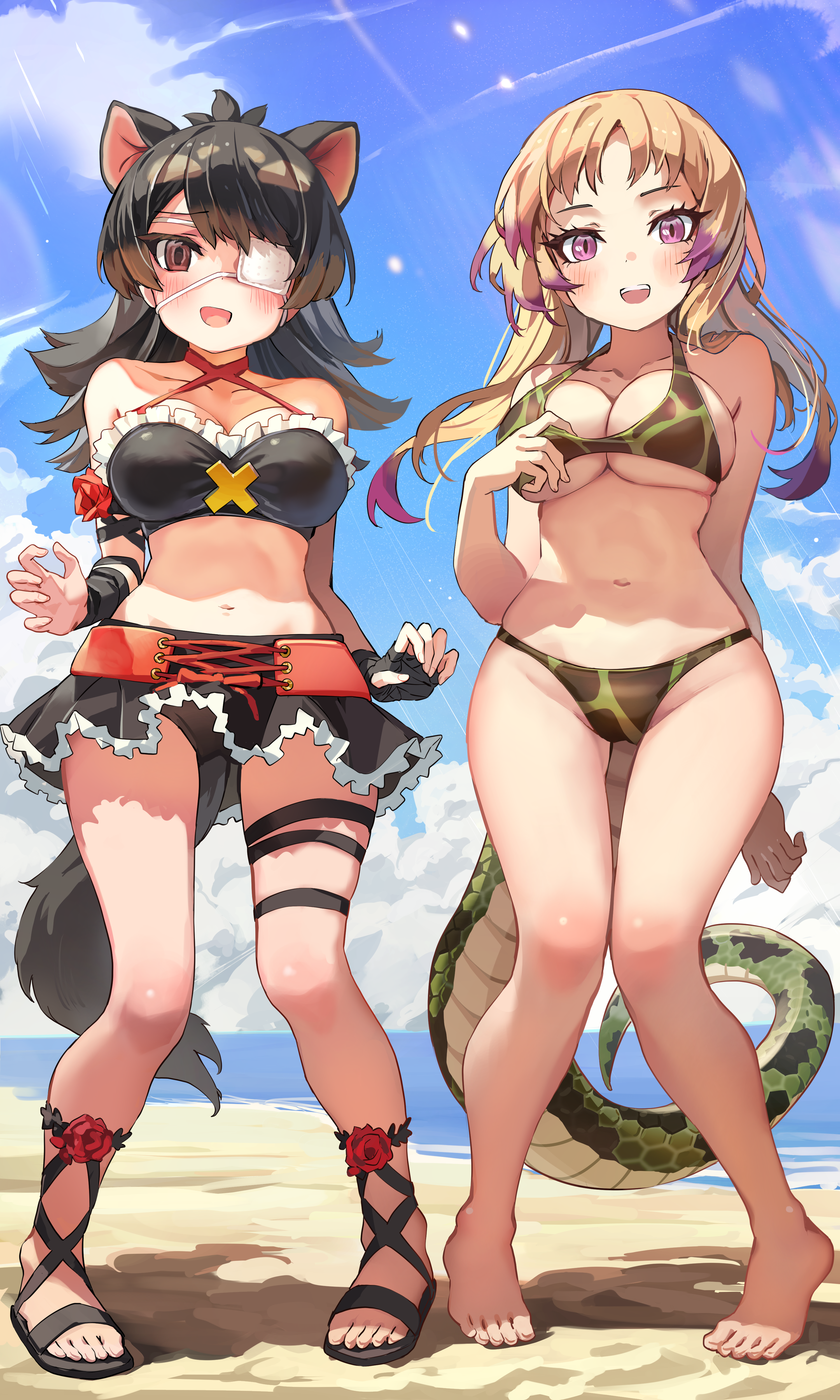 melaton, african rock python (kemono friends), australian devil (kemono friends), kemono friends, absurdres, commentary request, highres, 2girls, :d, adapted costume, ankle lace-up, bare arms, bare legs, bare shoulders, barefoot, beach, bikini, black bikini, black hair, black skirt, blonde hair, blue sky, blush, breasts, brown eyes, cloud, collarbone, day, extra ears, eyepatch, feet, frilled skirt, frills, full body, large breasts, long hair, looking at viewer, medical eyepatch, multicolored hair, multiple girls, navel, one eye covered, open mouth, outdoors, pigeon-toed, pink eyes, purple hair, sandals, skirt, sky, smile, snake tail, standing, stomach, swimsuit, tail, tasmanian devil ears, tasmanian devil tail, thigh strap, toes, two-tone hair, wrist wrap