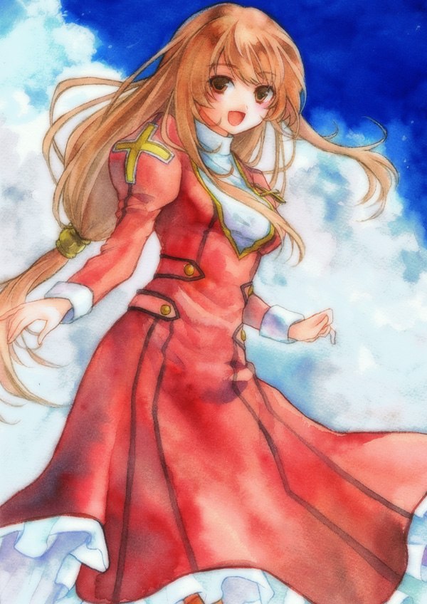geroro, erica fontaine, sakura taisen, sakura taisen iii, bad id, bad pixiv id, painting (medium), traditional media, watercolor (medium), 00s, 1girl, brown eyes, brown hair, cloud, day, dress, female focus, happy, long hair, low-tied long hair, sky, solo