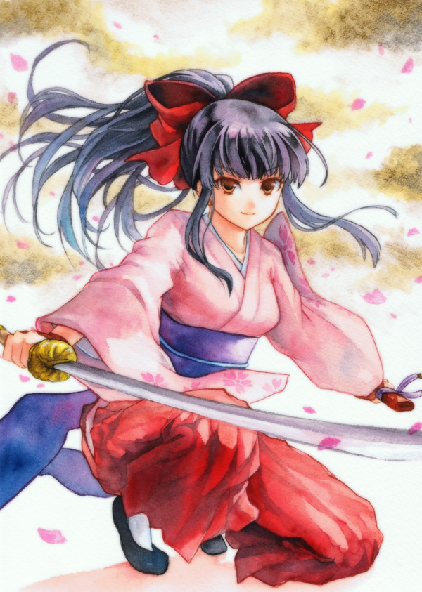geroro, shinguuji sakura, sakura taisen, bad id, bad pixiv id, 00s, 1girl, black hair, bow, female focus, japanese clothes, katana, kimono, ponytail, red bow, solo, sword, weapon, yellow eyes